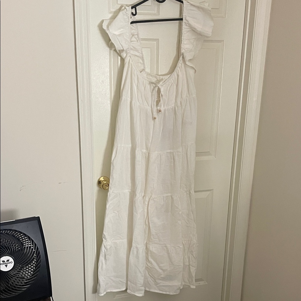 White Ruffle-Shoulder Tiered Maxi Dress